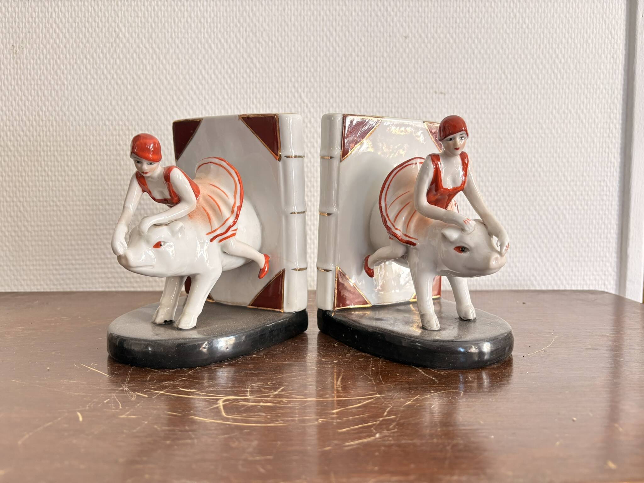 Old Pair of Bookends Porcelain White Girl Woman Equestrian Pig Art