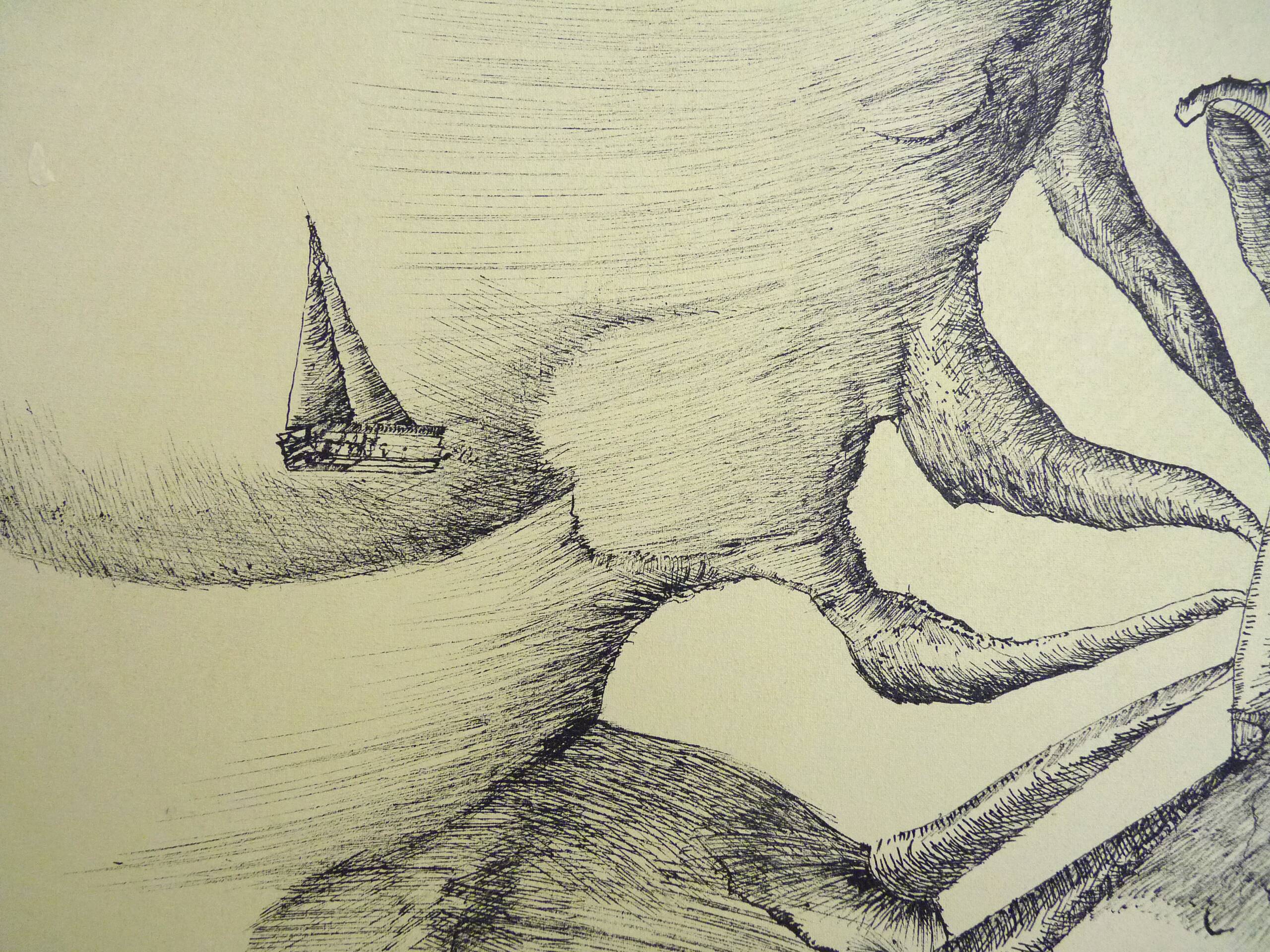Mixed media, oil and black pen on canvas, Serge Goldwitcht "Gliding"