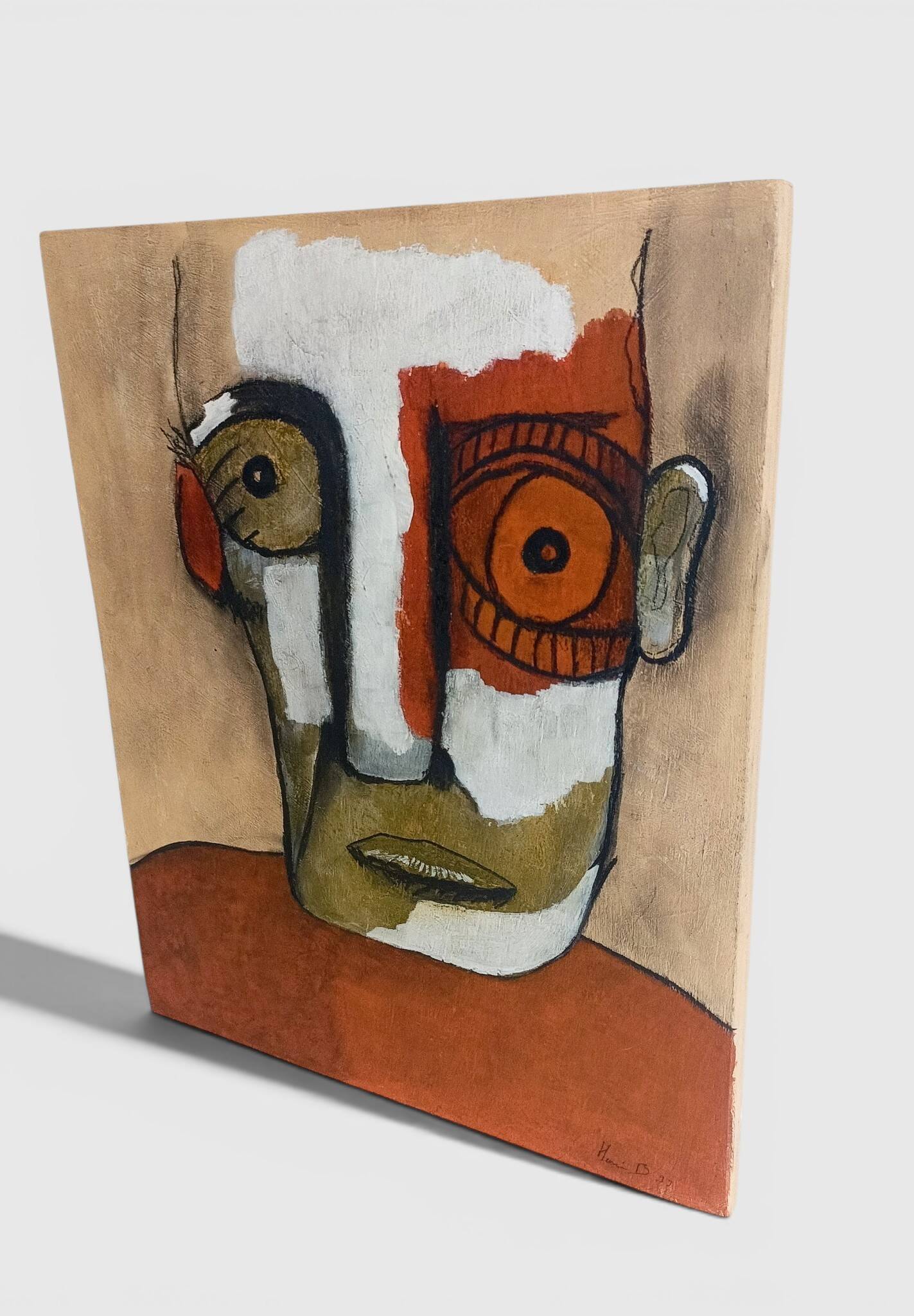Abstract neo-primitive French portrait painting, mixed media on panel, 1999