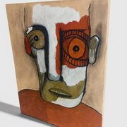 Abstract neo-primitive French portrait painting, mixed media on panel, 1999