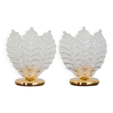 Pair of Italian brass and Murano glass leaf shaped table lamps