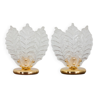 Pair of Italian brass and Murano glass leaf shaped table lamps