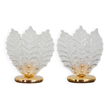 Paire de lampes de table italiennes en laiton et verre de Murano en forme de feuille