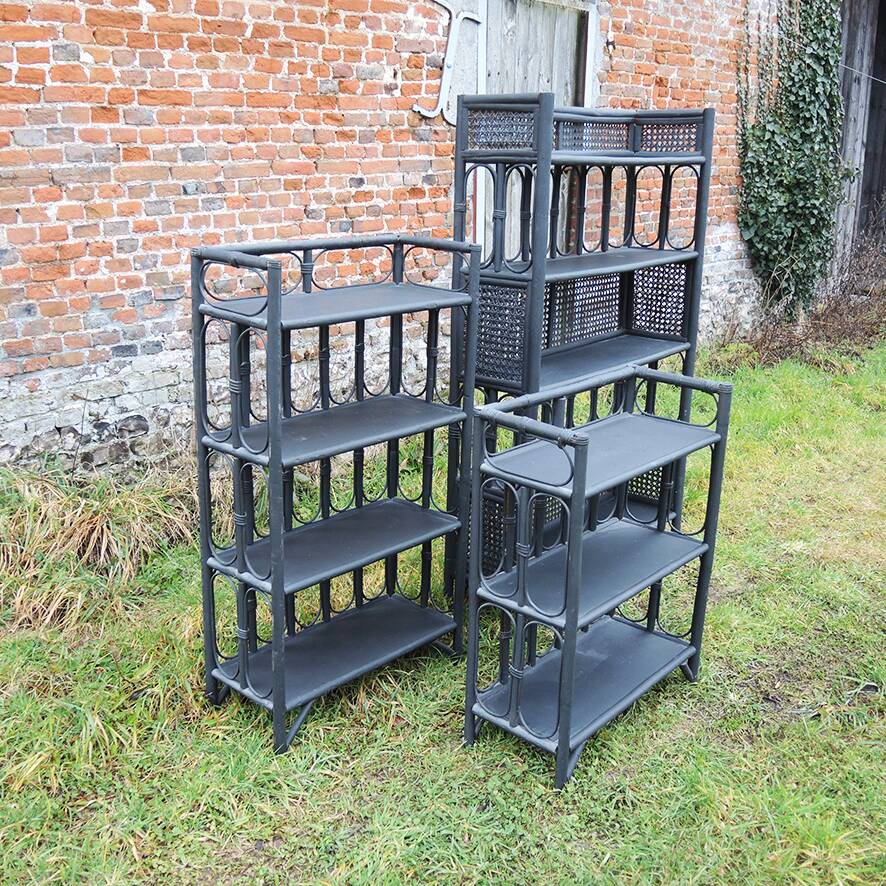 3 Antique Black Rattan Bookcases and Shelves