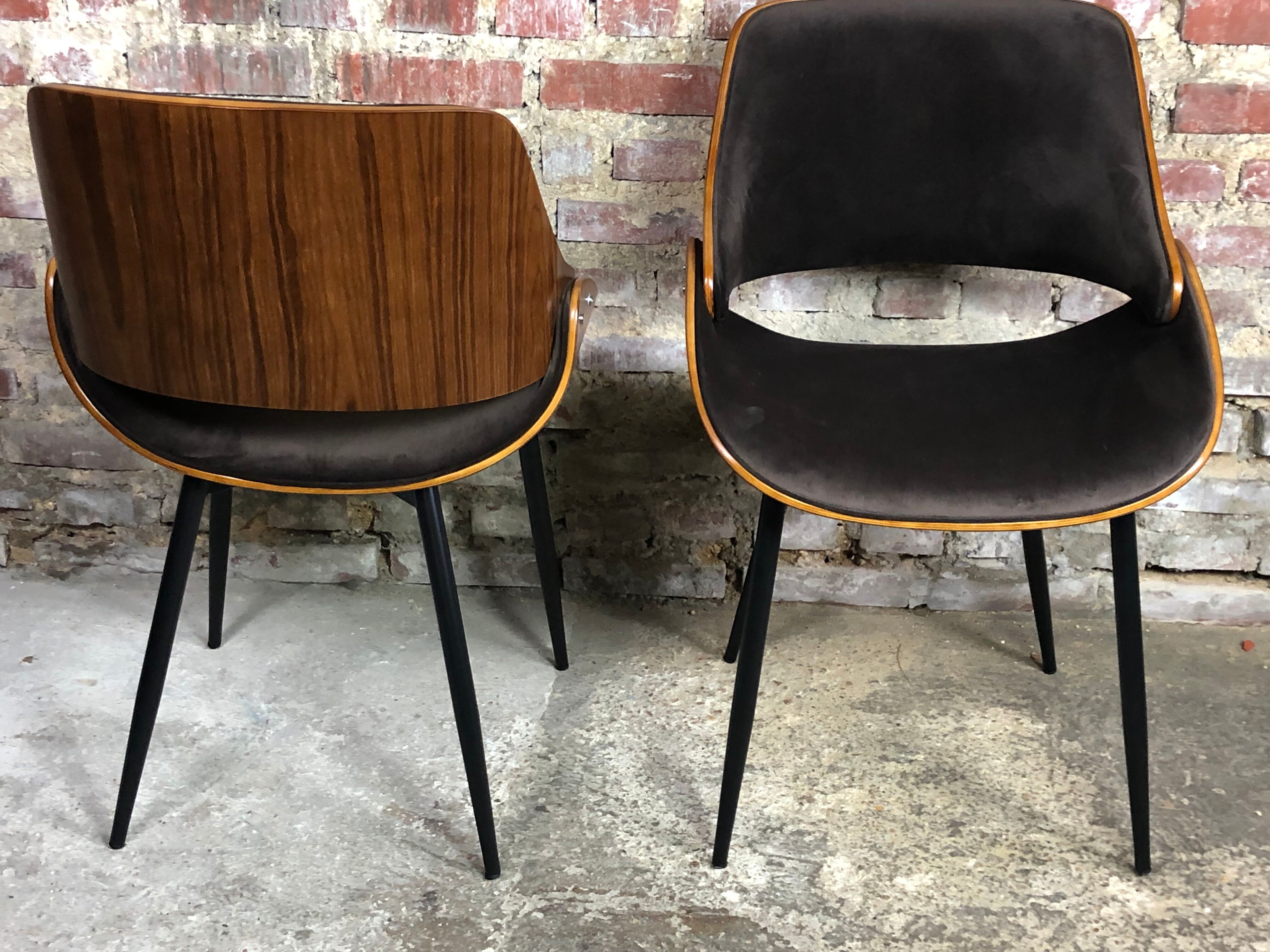 Scandinavian style chairs in curved plywood covered with brown fabric