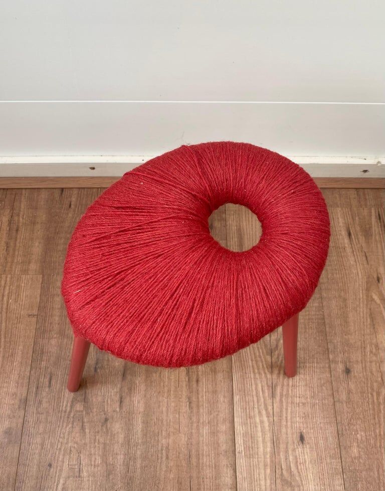 Ikea Red Metal and Wool Three pod Stool, Model Eskilstuna, 1990s