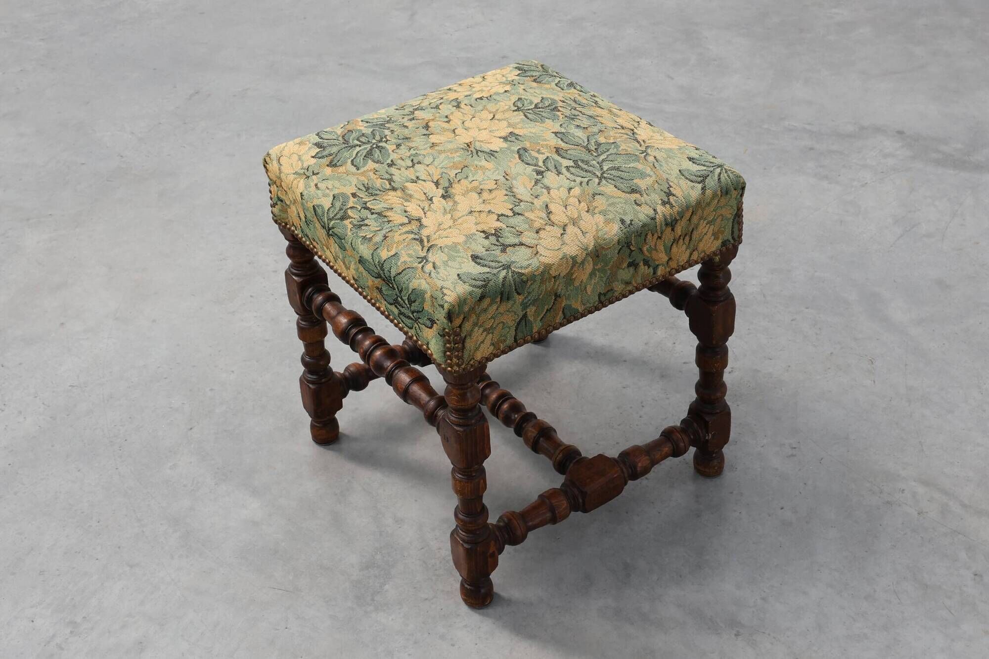 Louis XIII‑Style Walnut Stool with Floral Tapestry Seat, France, circa 1840