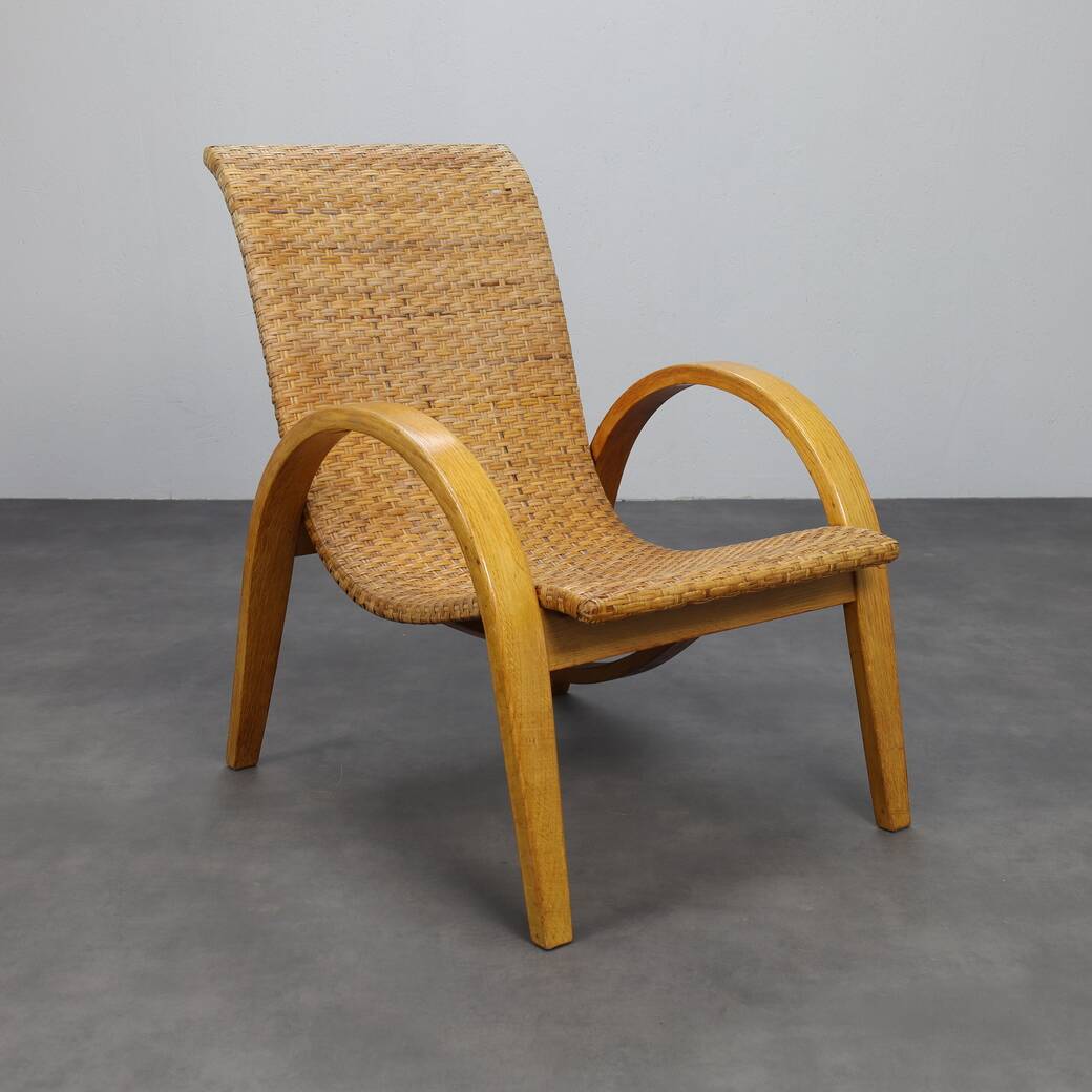 Rare Armchair in Wood and Woven Rattan, 1960s