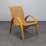Rare Armchair in Wood and Woven Rattan, 1960s