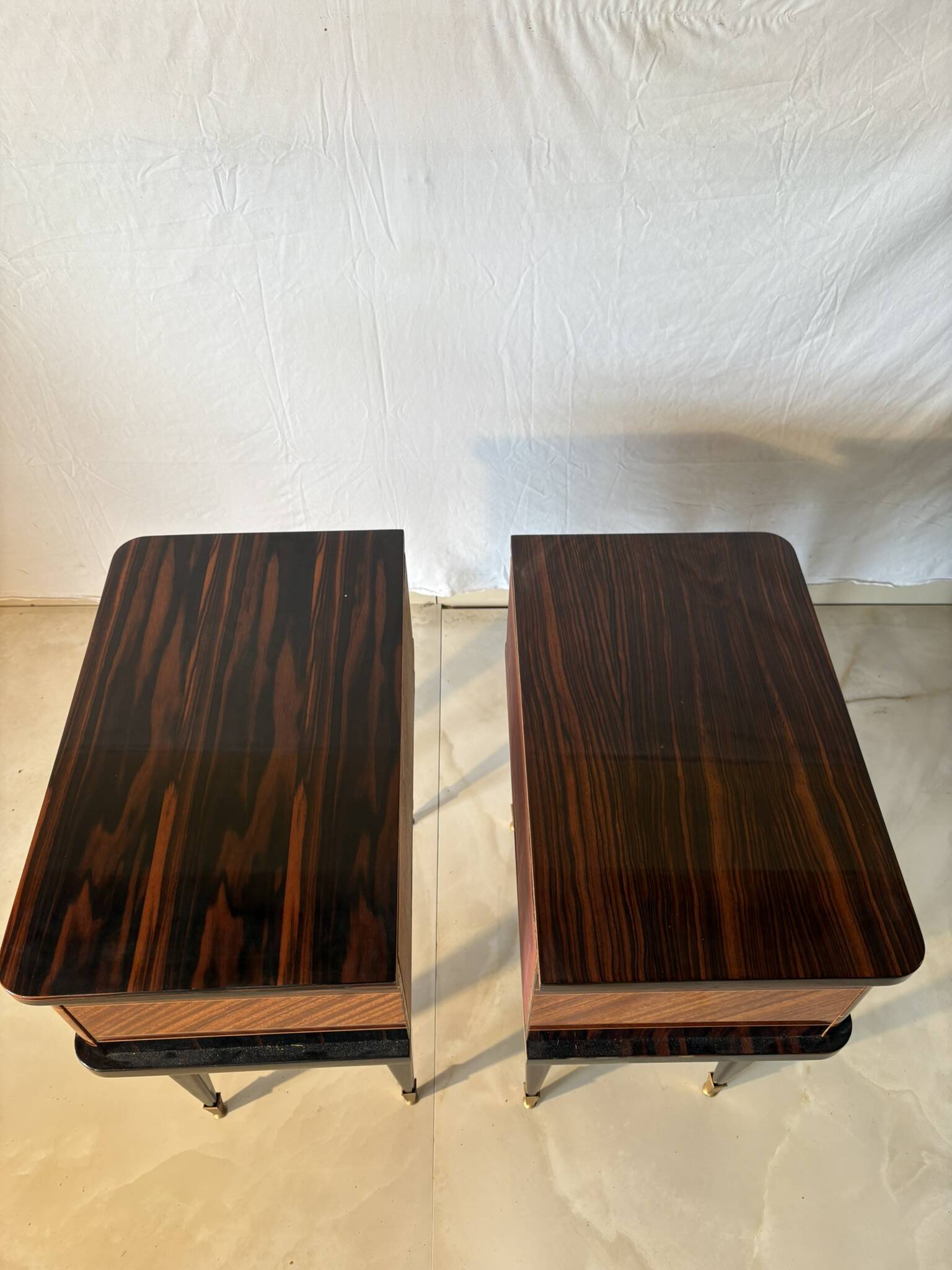 Pair of vintage bedside tables in marquetry wood – revisited Art Deco style