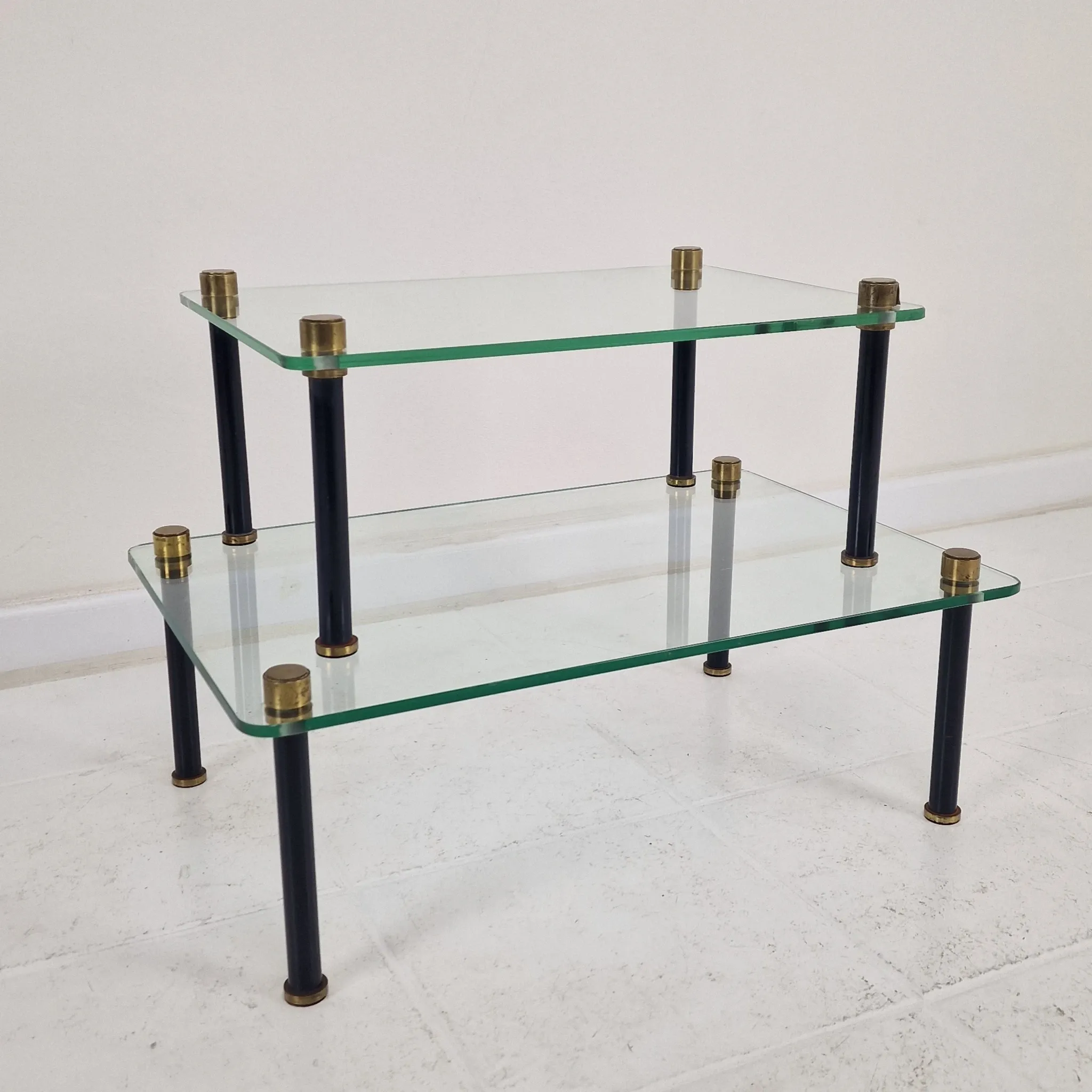 French Modernist Glass and Brass Display Tables with 'P. Andrieux', 1930's