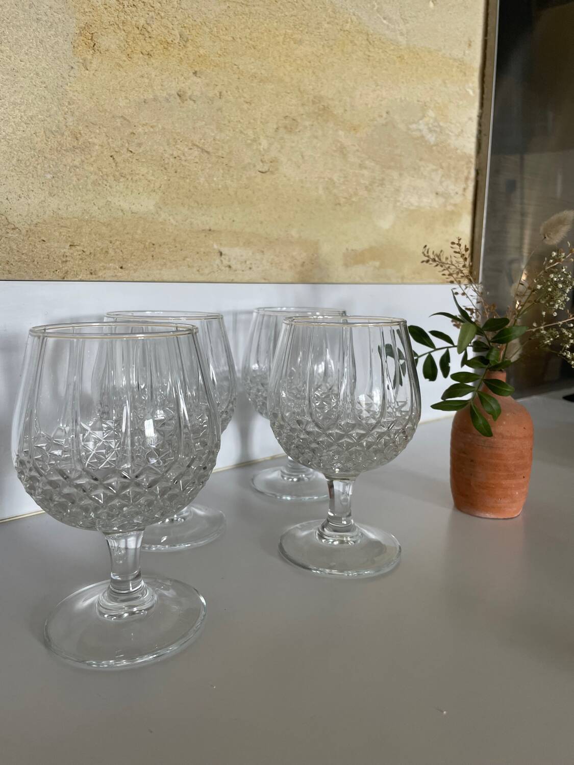 4 diamond point glass cognac or brandy glasses