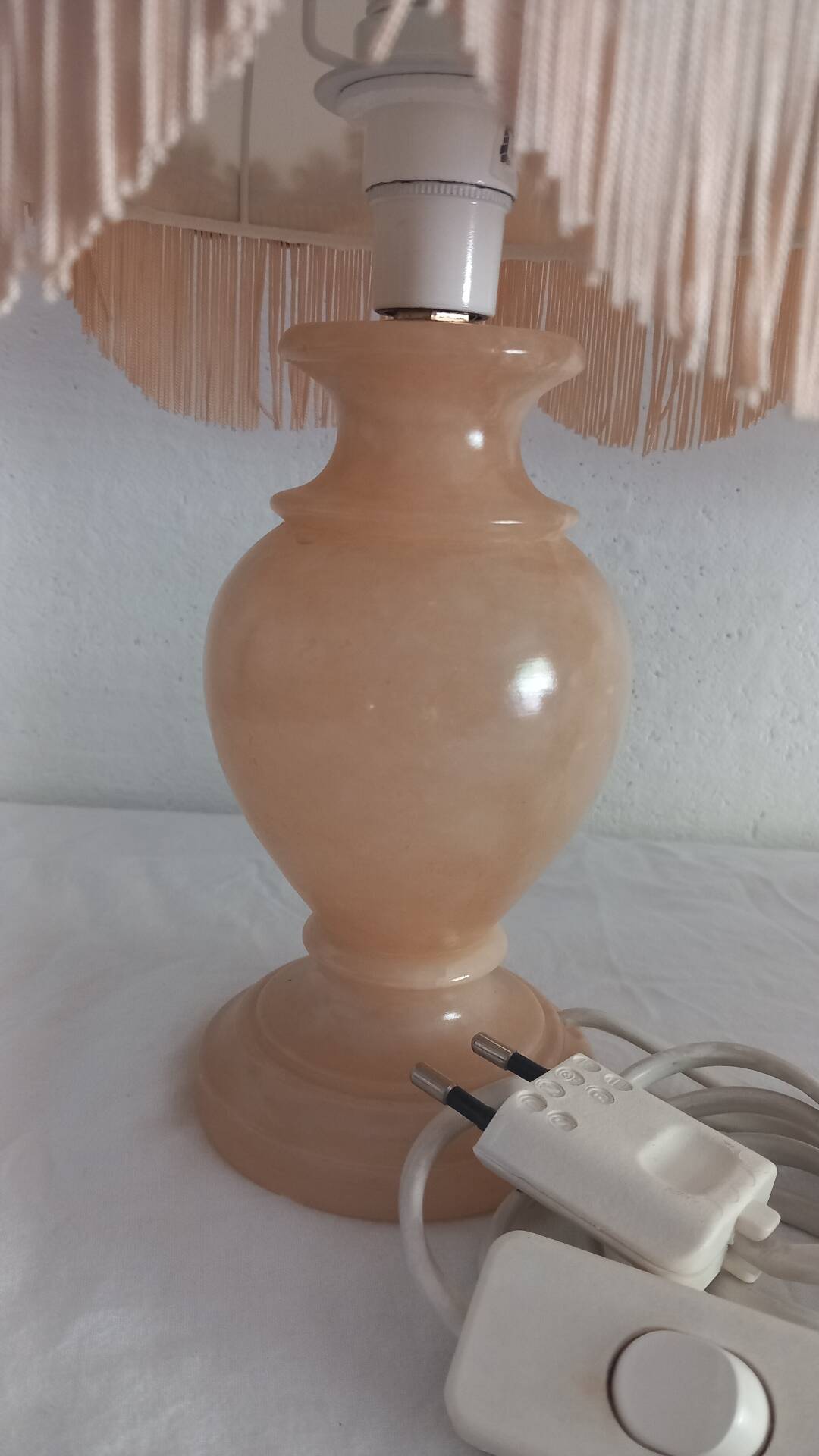 Pair of vintage alabaster lamps in Boudoir style – Fringed lampshade