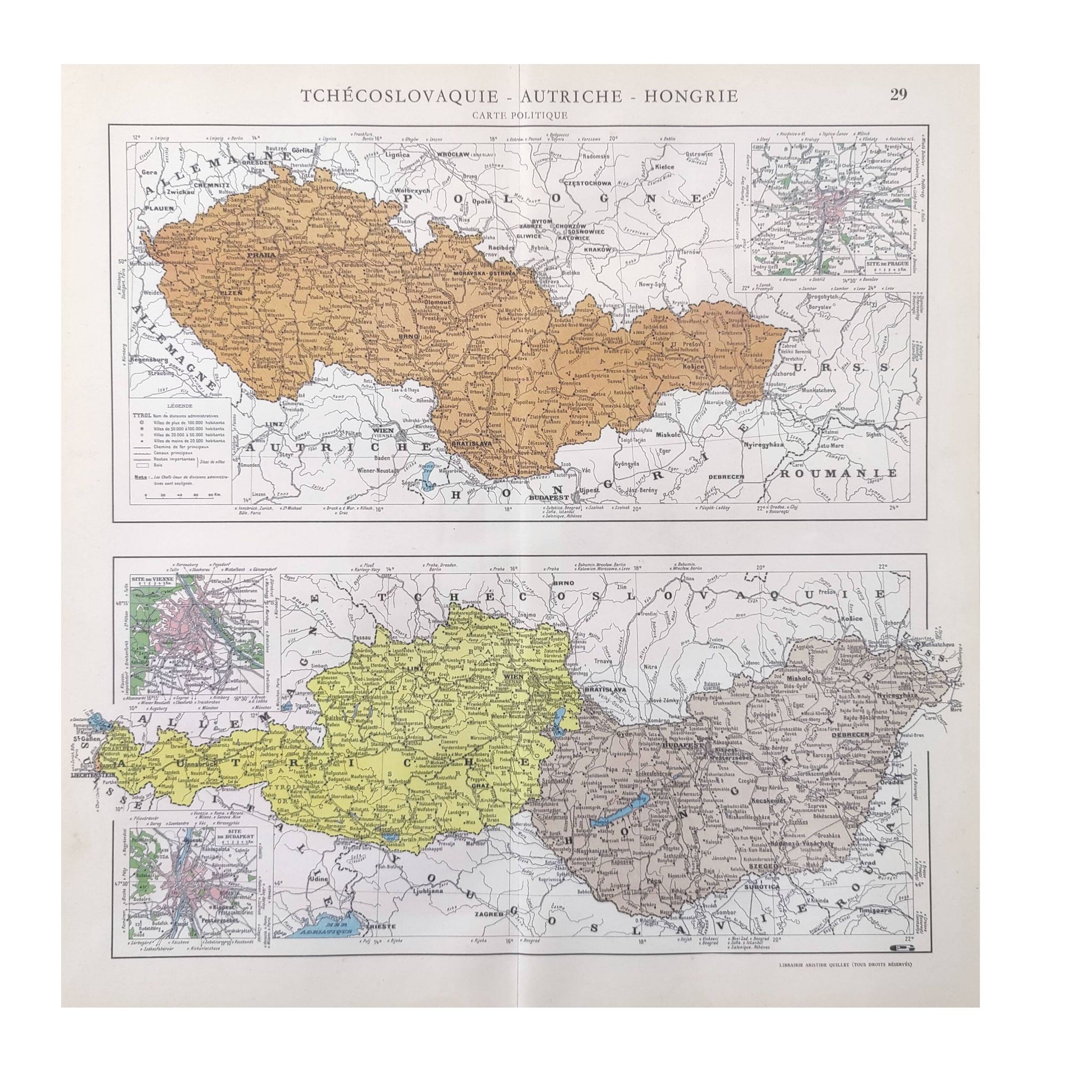 Old map of Austria, Czechoslovakia, Hungary 43x43cm from 1950