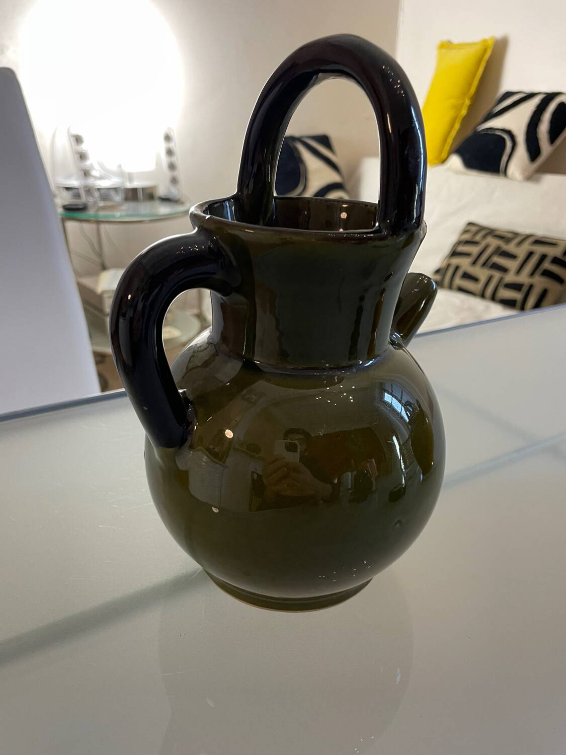 Pitcher in Provence khaki varnished clay signature Camares