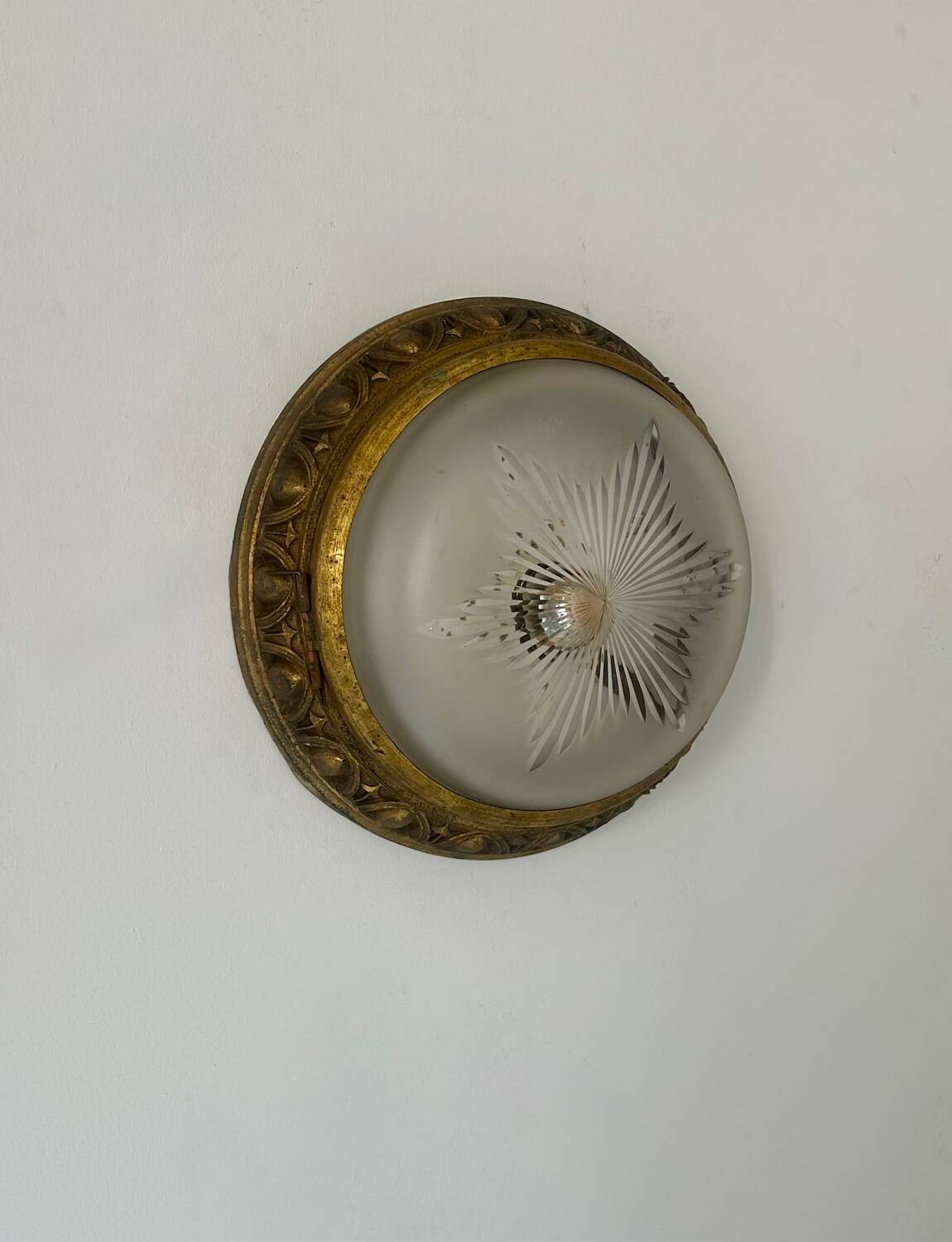 Vintage brass and sandblasted glass wall lamp, France 1940