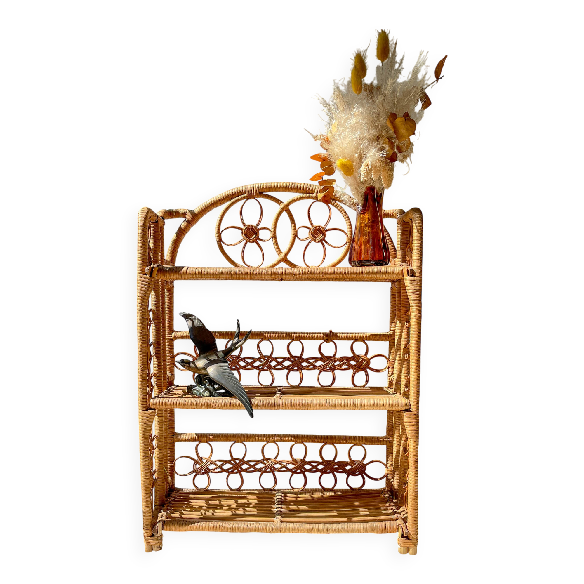 Vintage 1950s rattan folding shelf