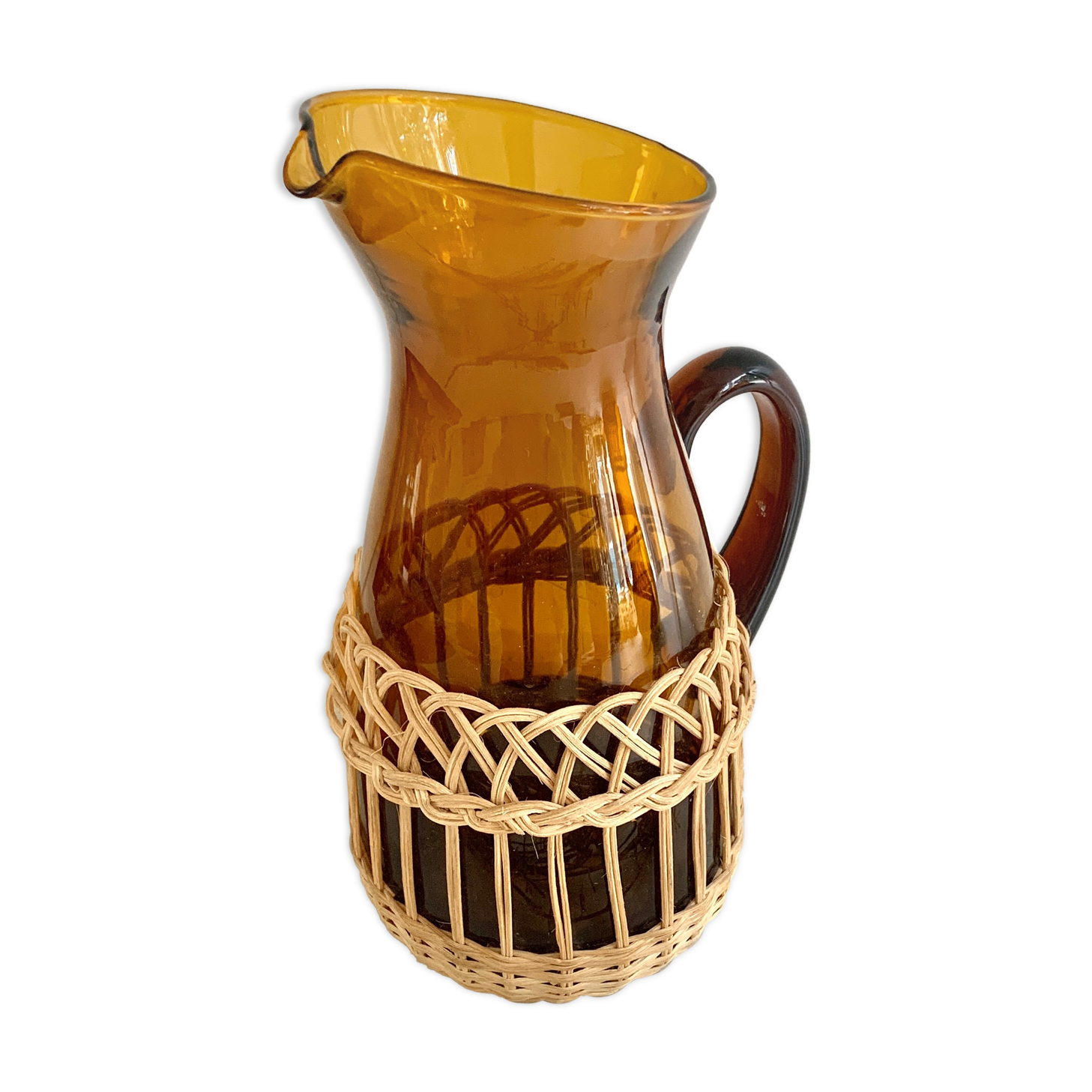 Amber glass and wicker carafe