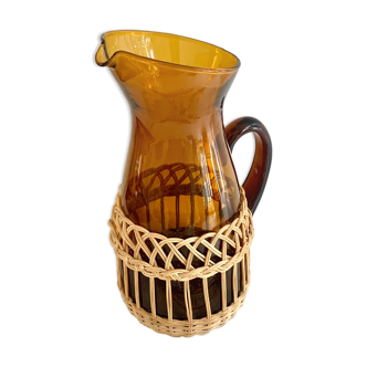 Amber glass and wicker carafe