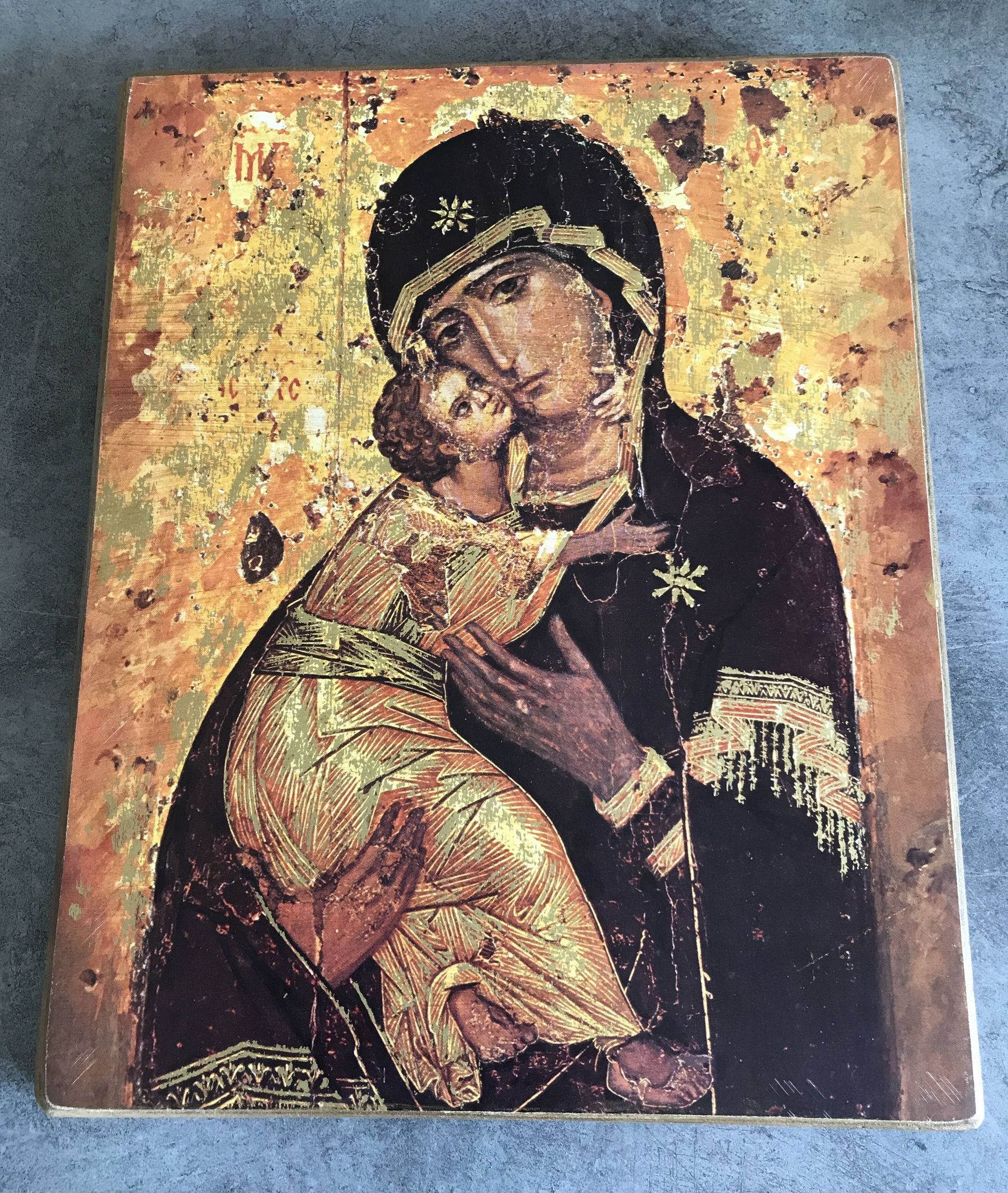 Religious ICON of the Virgin Vladimir Holy Theotokos on wooden support
