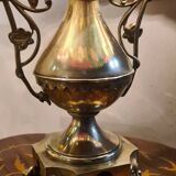 Antique bronze lamp and Tiffany-style stained glass shade. 46x32