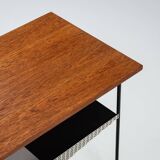 Sidetable with teak top and black and white storage shelves