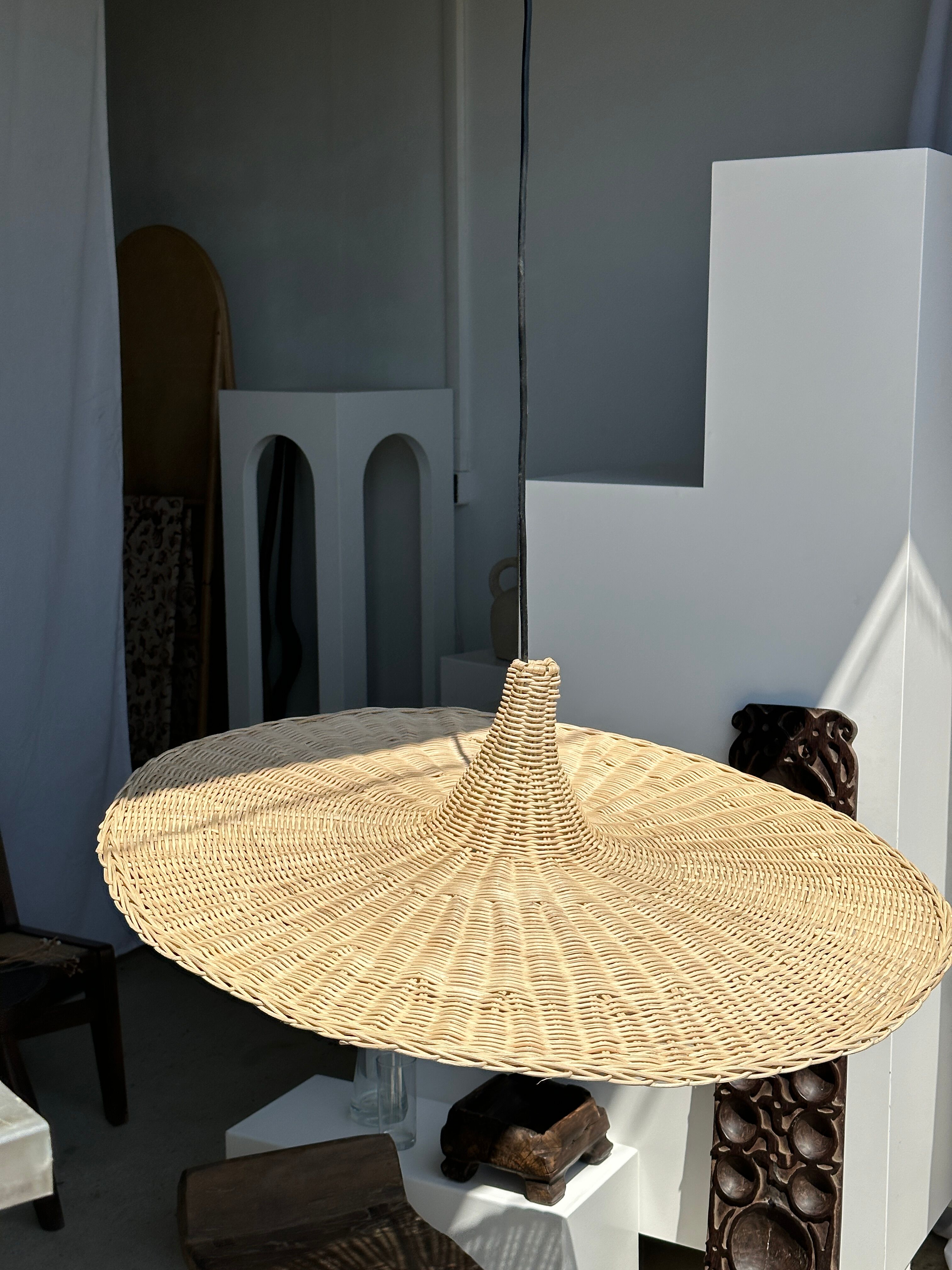 Large suspension, rattan luminaire in hat shape D:80cm