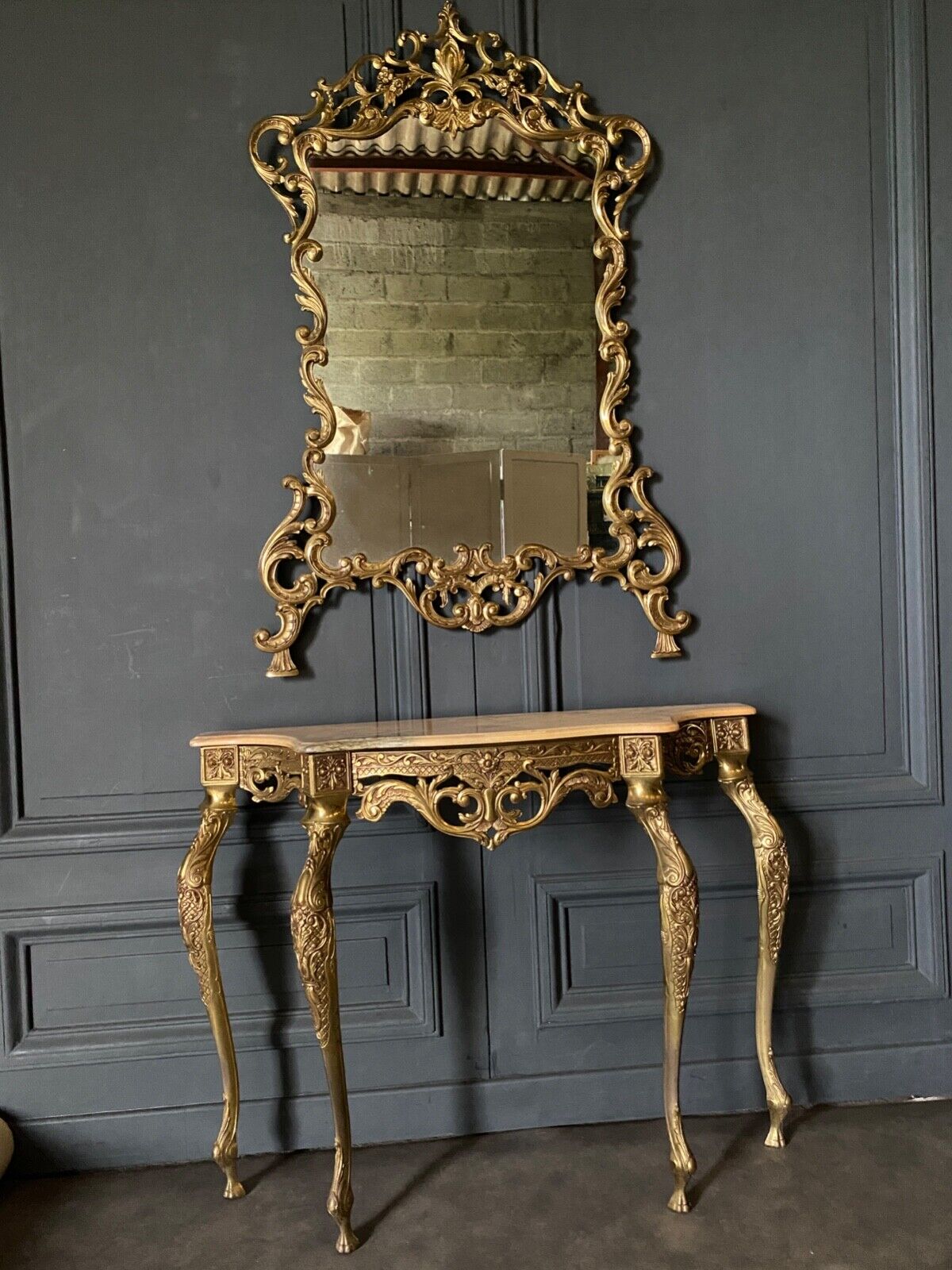 Gilded bronze console Louis XV style and its Mirror Mid-twentieth Marble