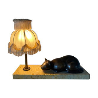 Lampe ancienne veilleuse chat en bronze abat jour pagode socle en marbre