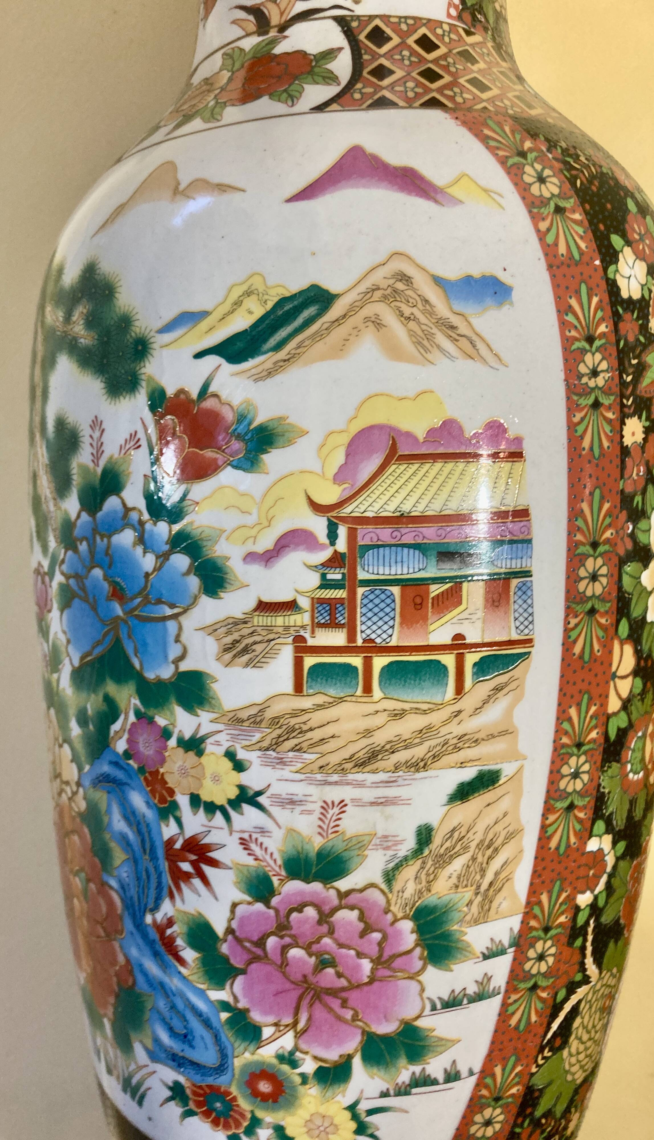 Chinese baluster porcelain vase with polychrome decoration of flowers and pagoda size xxl