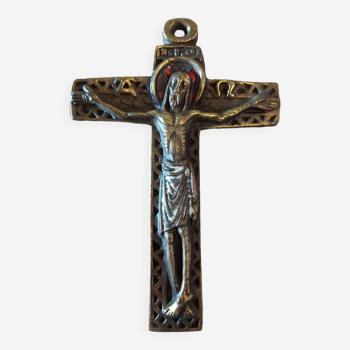 Enamelled bronze cross crucifix signed Dominique Piéchaud bronzier