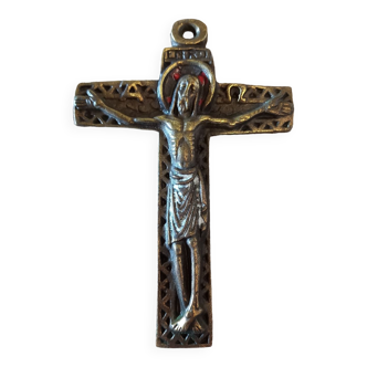 Enamelled bronze cross crucifix signed Dominique Piéchaud bronzier