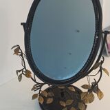 Table mirror, tilting psyche in patinated bronze decorated with leaves and fruits