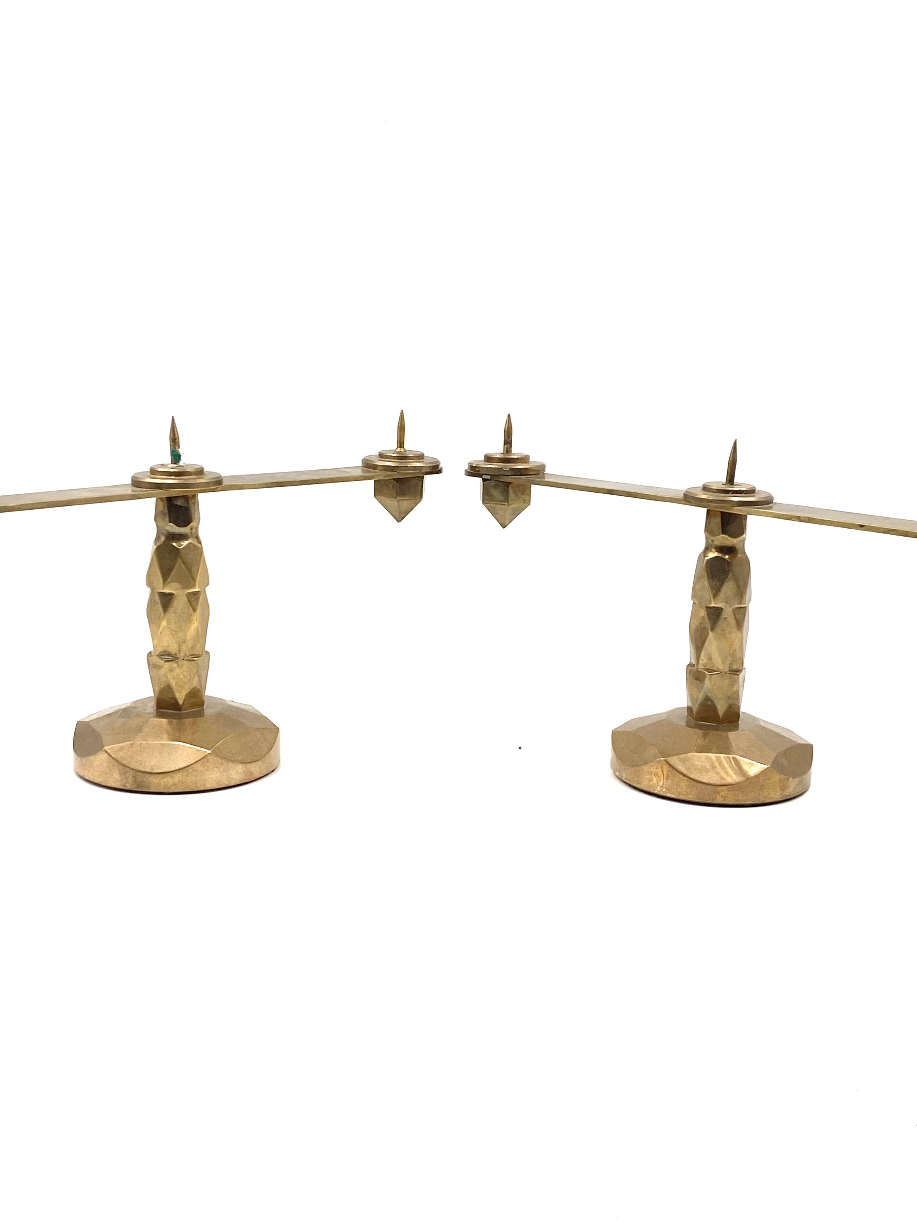 Brutalist brass pair of candle holders, France 1970