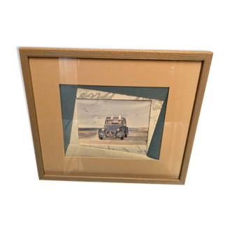 Watercolor framed with the 2 CV Citroën and the bigoudènes Bretagne