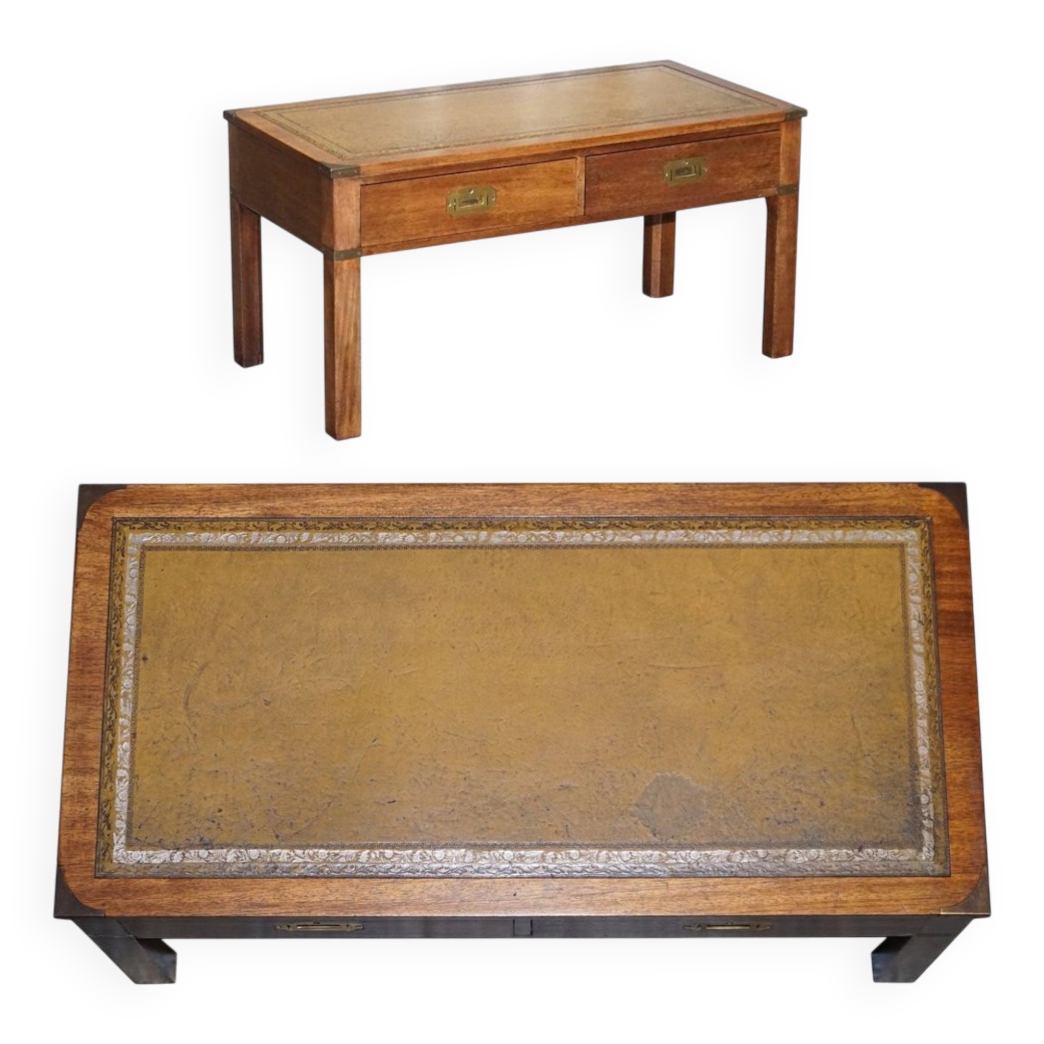Coffee Table Military Campaign with Brown Leather Top from Harrods London