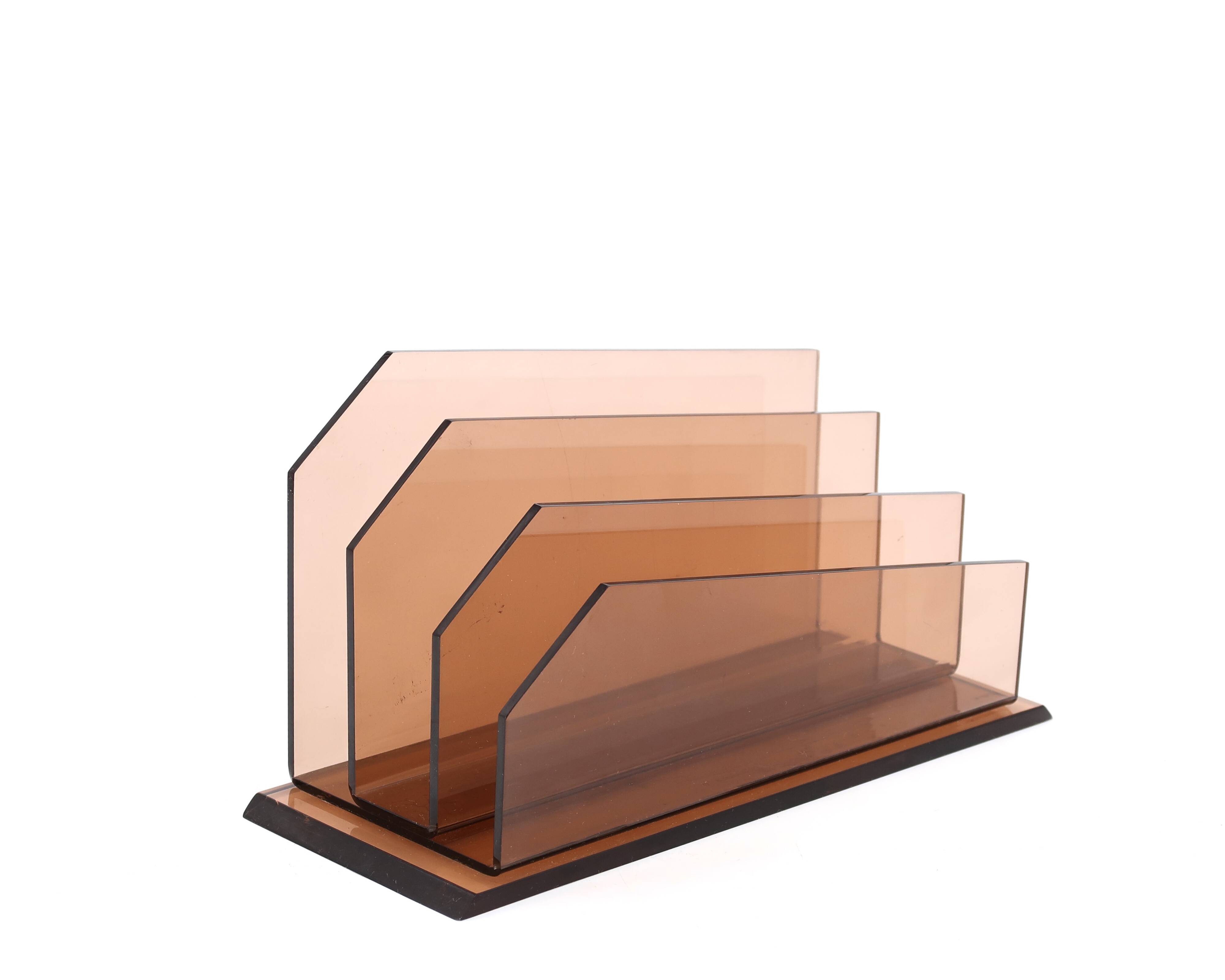 Mail holder in smoked brown plexiglass, 1970s