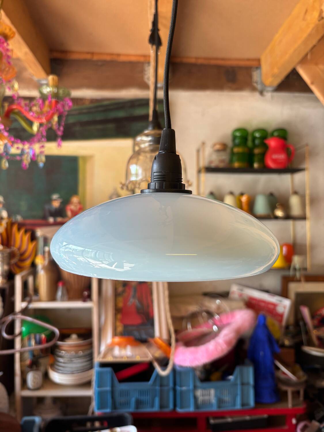Vintage upcycled light blue opaline pendant light