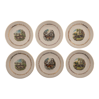6 assiettes plates en faïence animaux de la forêt lapin cerf sanglier vintage 1960