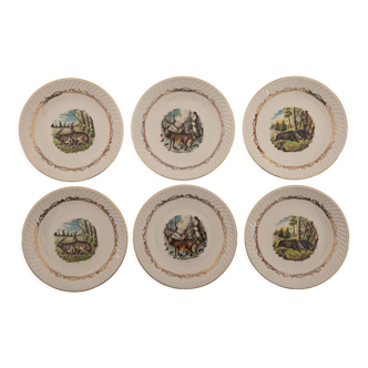 6 flat earthenware plates forest animals rabbit deer boar vintage 1960