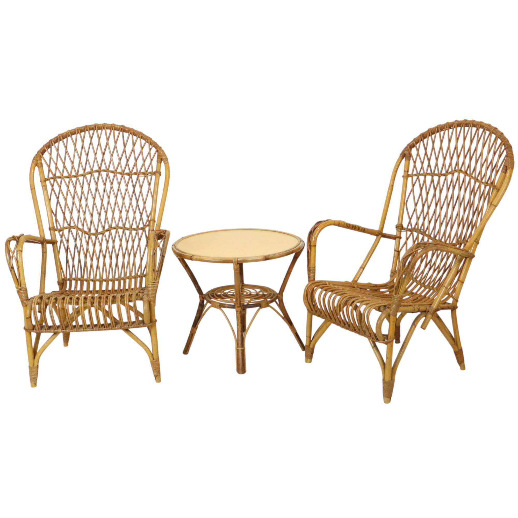 Vintage Set Rattan Chairs Armchairs Table Boho Design Sixties