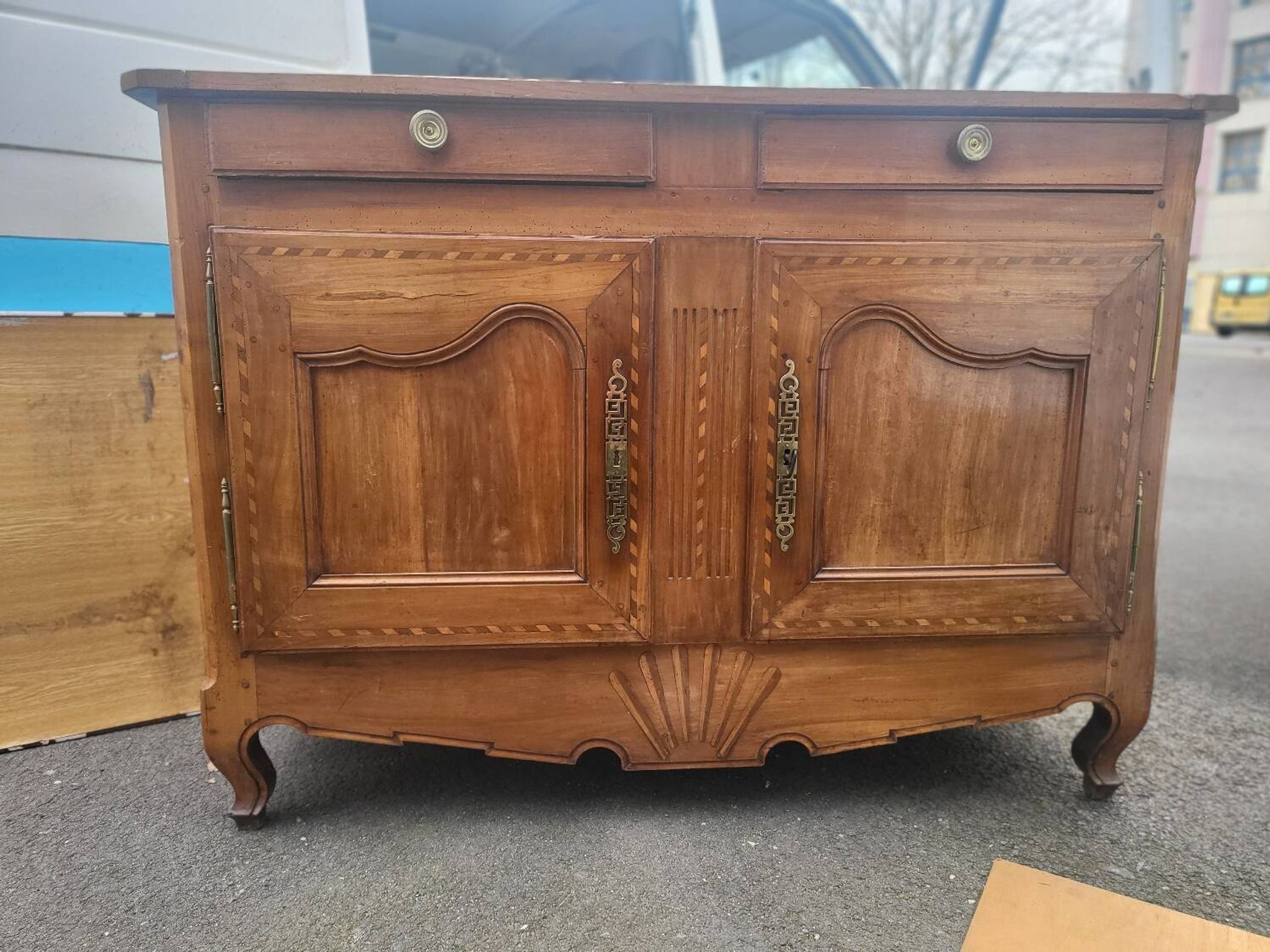 Antique solid wood buffet – marquetry and curved legs – 19th century