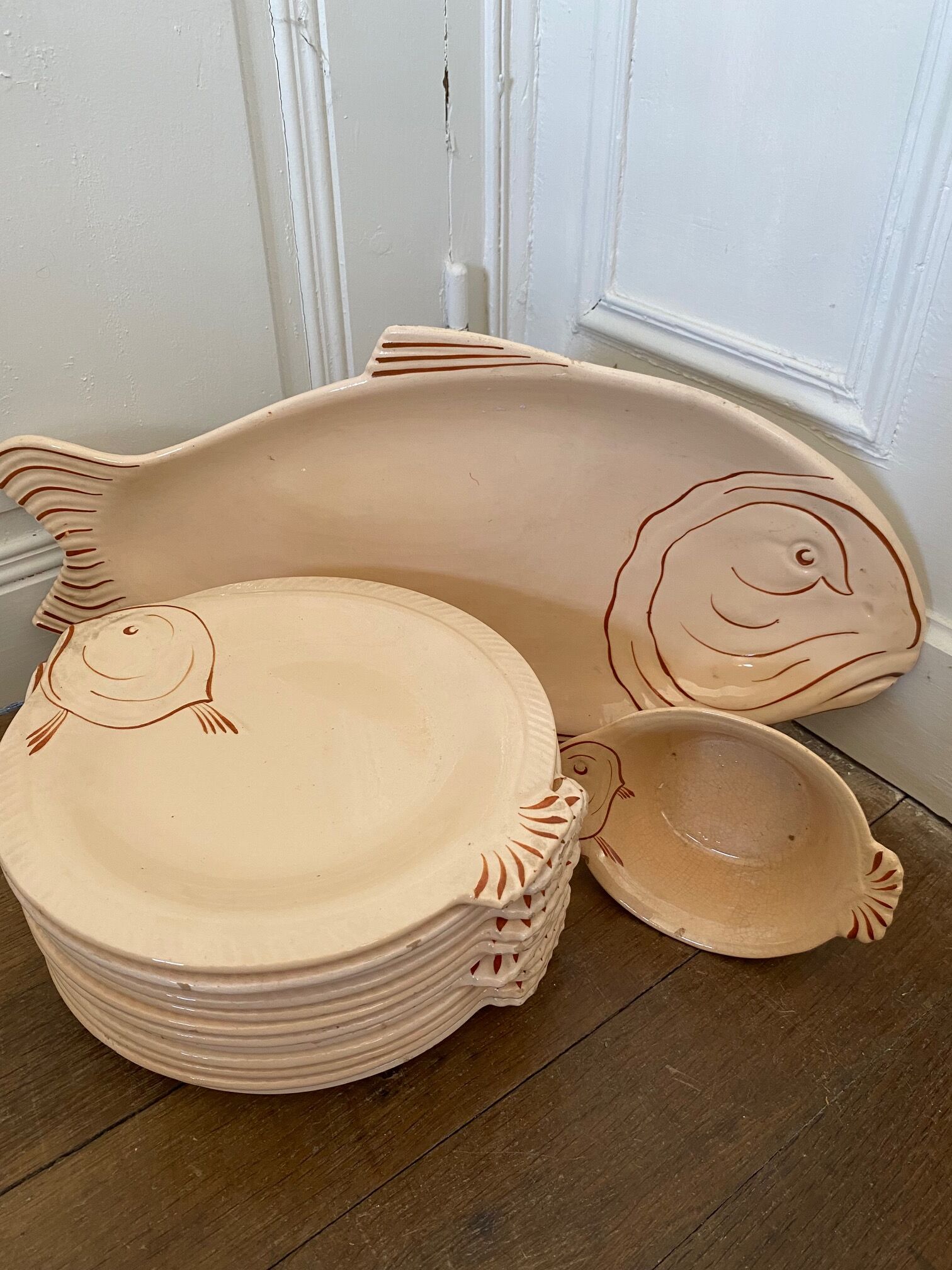 Longwy France earthenware fish service