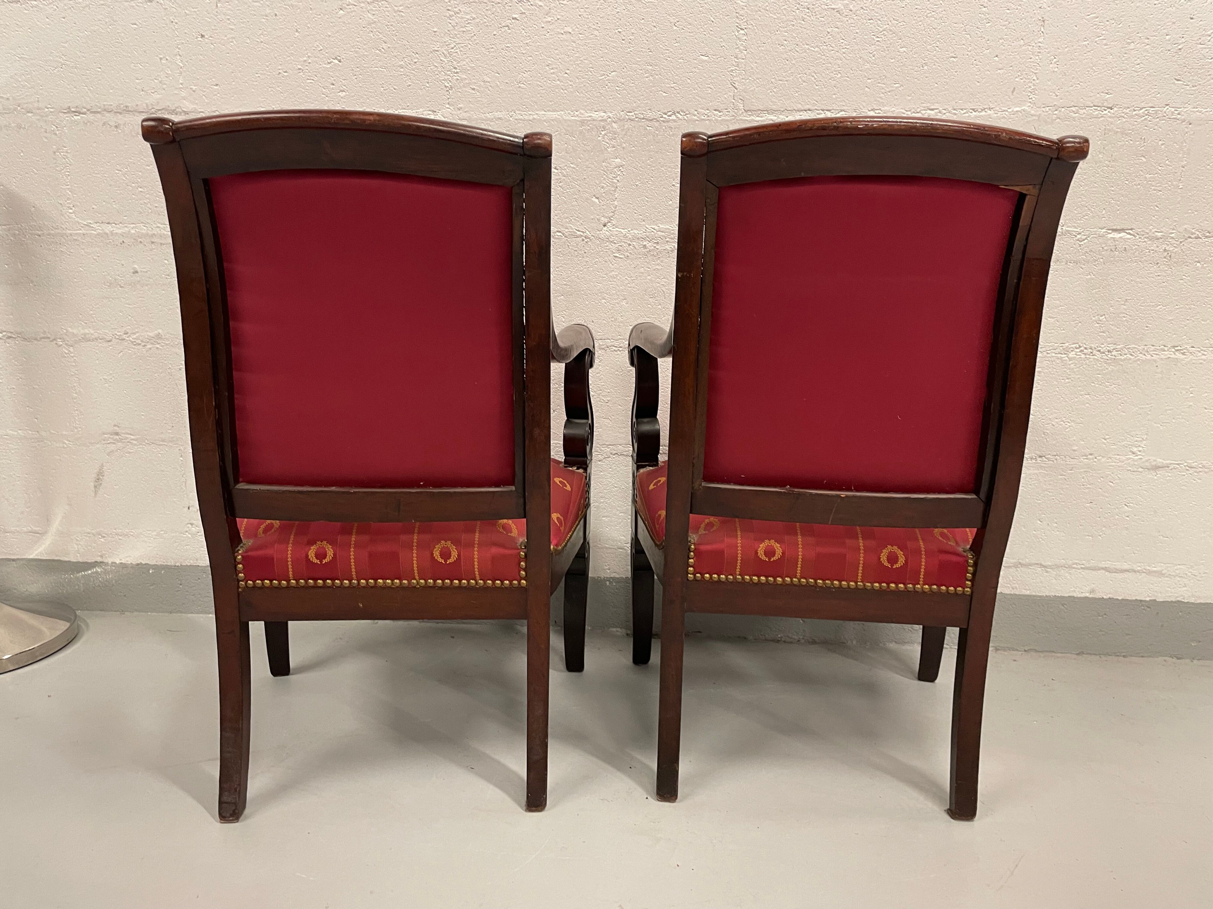Pair of empire period armchairs in mahogany and silk