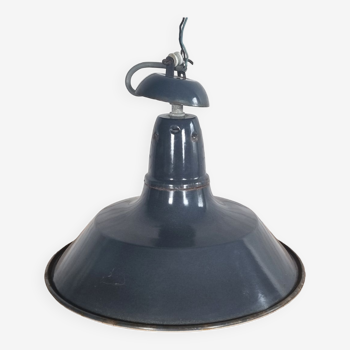 Industrial pendant lamp enamelled blue grey, vintage, 50s