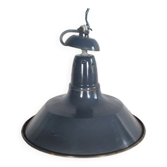 Industrial pendant lamp enamelled blue grey, vintage, 50s