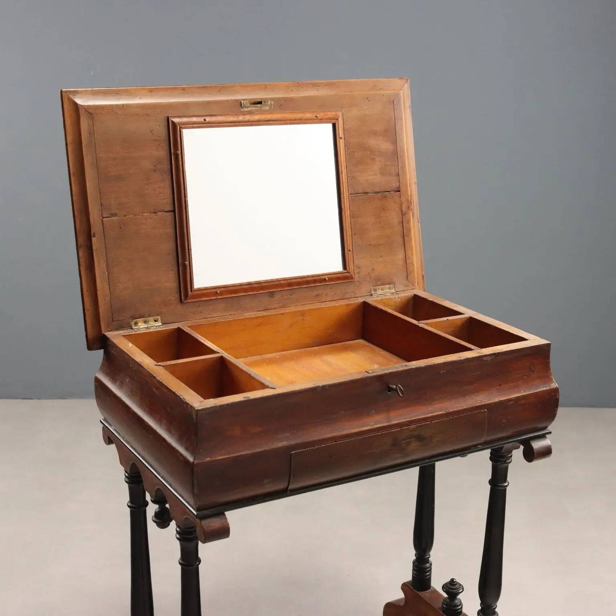 Antique sewing table in painted poplar with walnut effect, Italy, late 19th century.