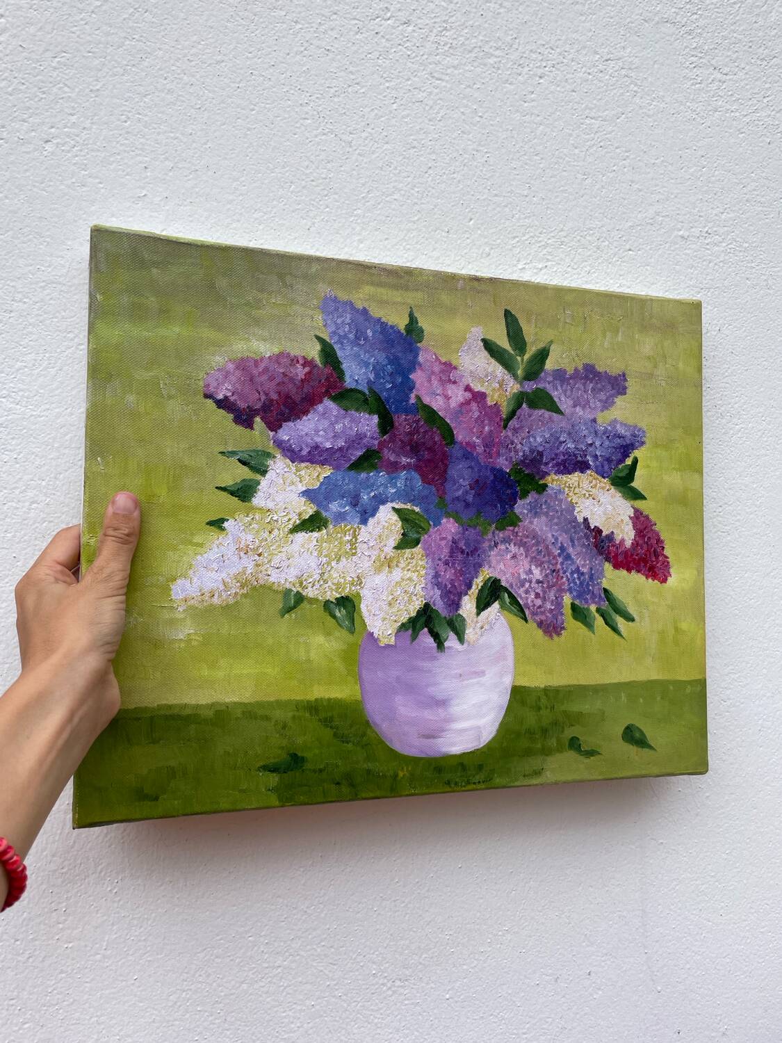 Painting bouquet of lilacs oil on canvas