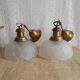 Pair of frosted glass flower pendant lights with vintage wood and brass