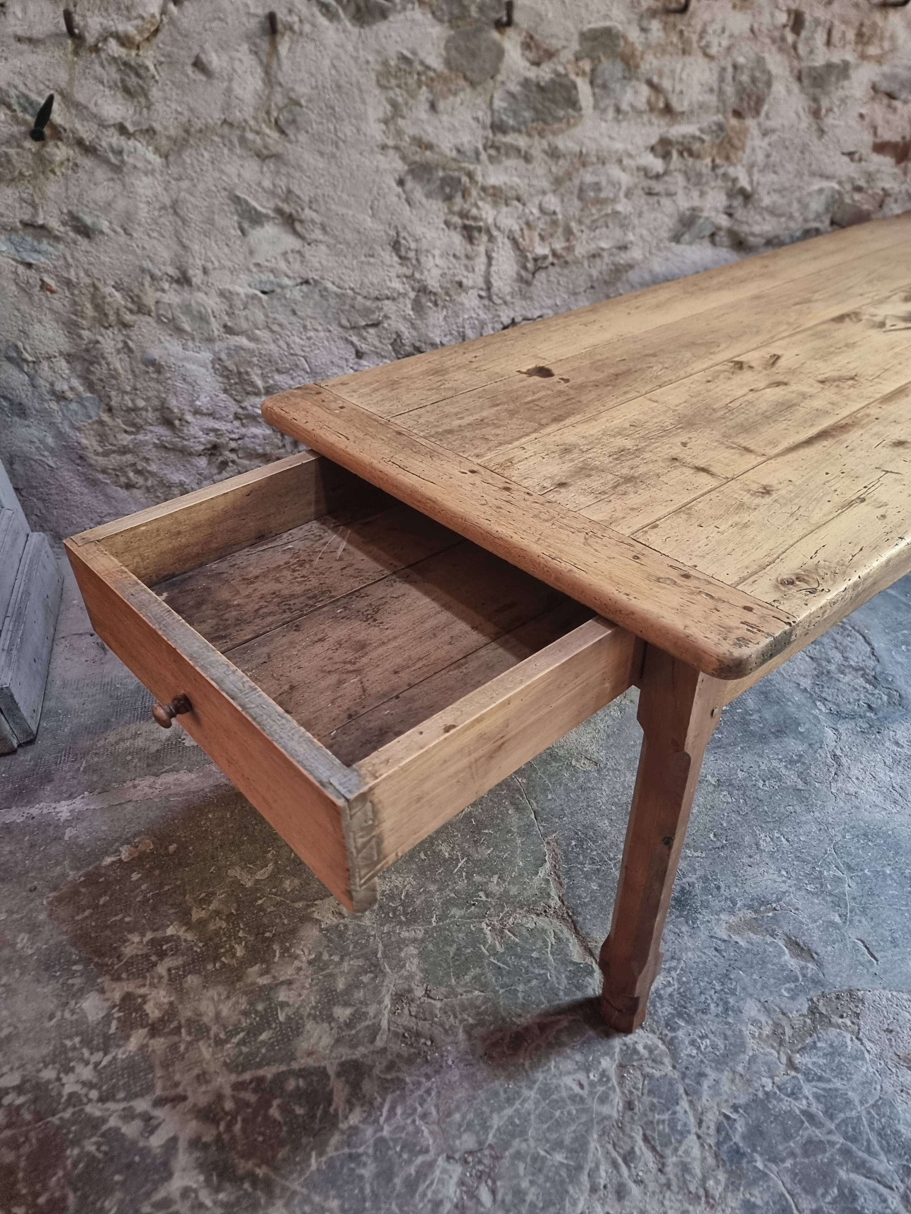 Old farmhouse dining table, rustic kitchen, poplar top, chestnut base, two drawers, 1800–1850.